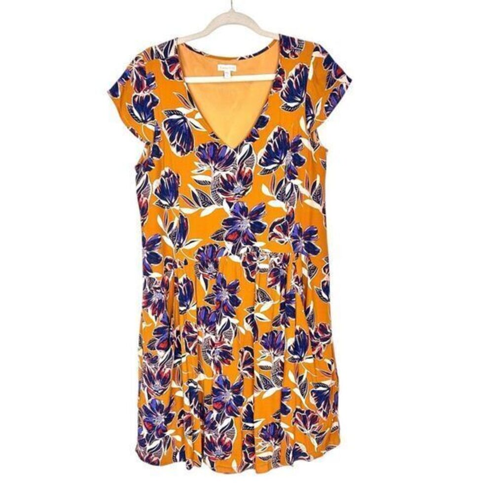 Garnet Hill Dress size 8 Pockets Floral short Sleeves Mustard Yellow Purple Ikat